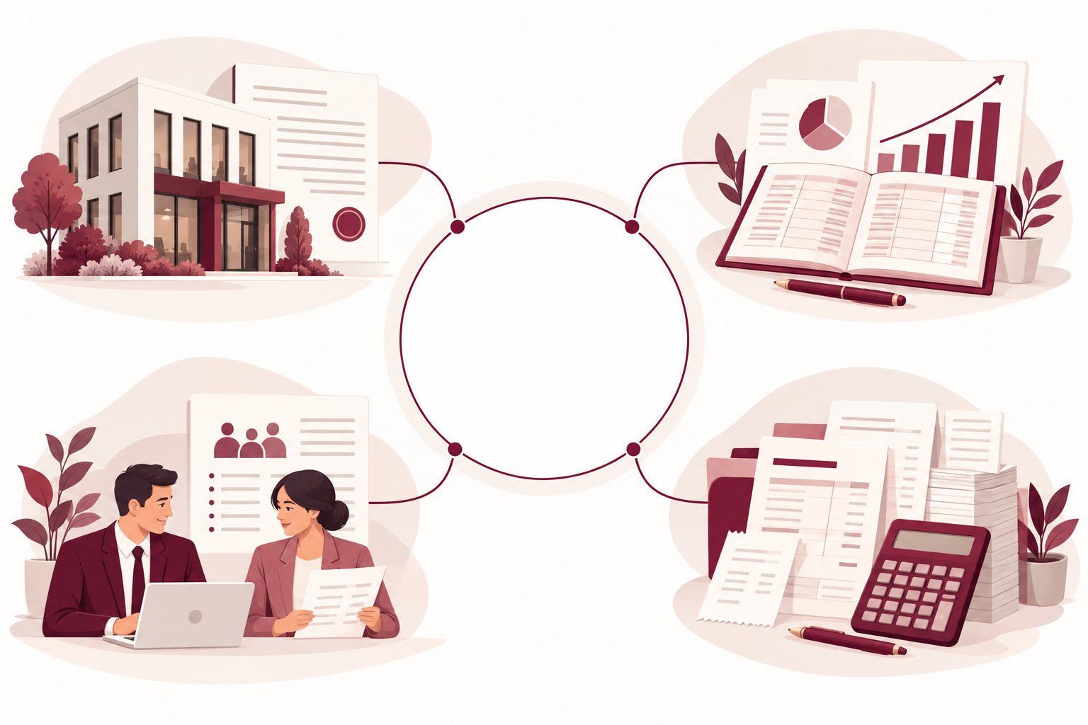 Ilustração dos setores societário, contábil, fiscal e trabalhista conectados em torno da Focus Group